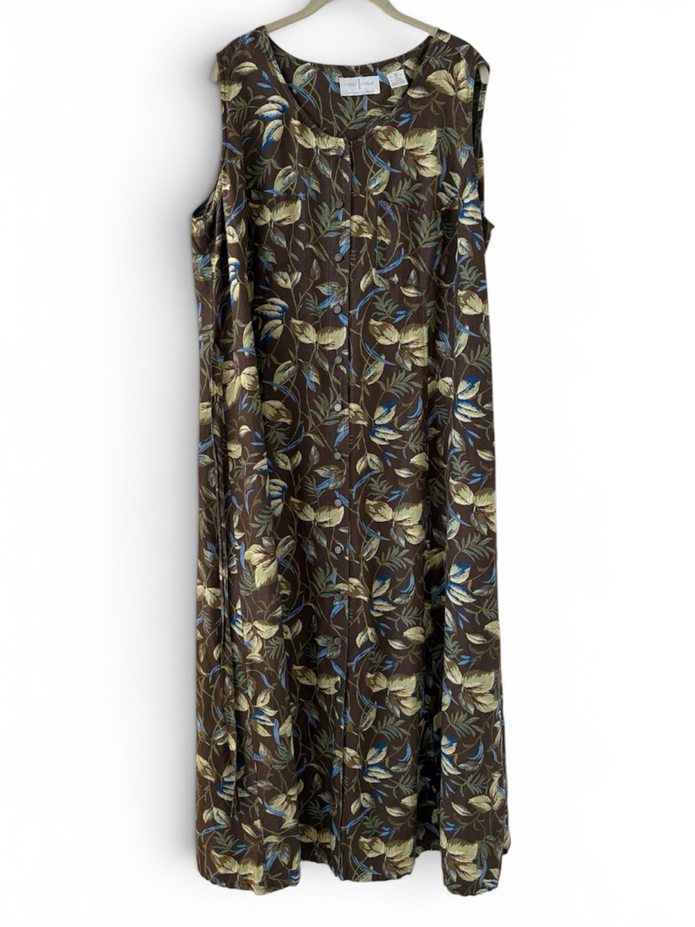 Liz Claiborne Linen Sleeveless Brown Floral 90s Tie Back Maxi Dress 18w